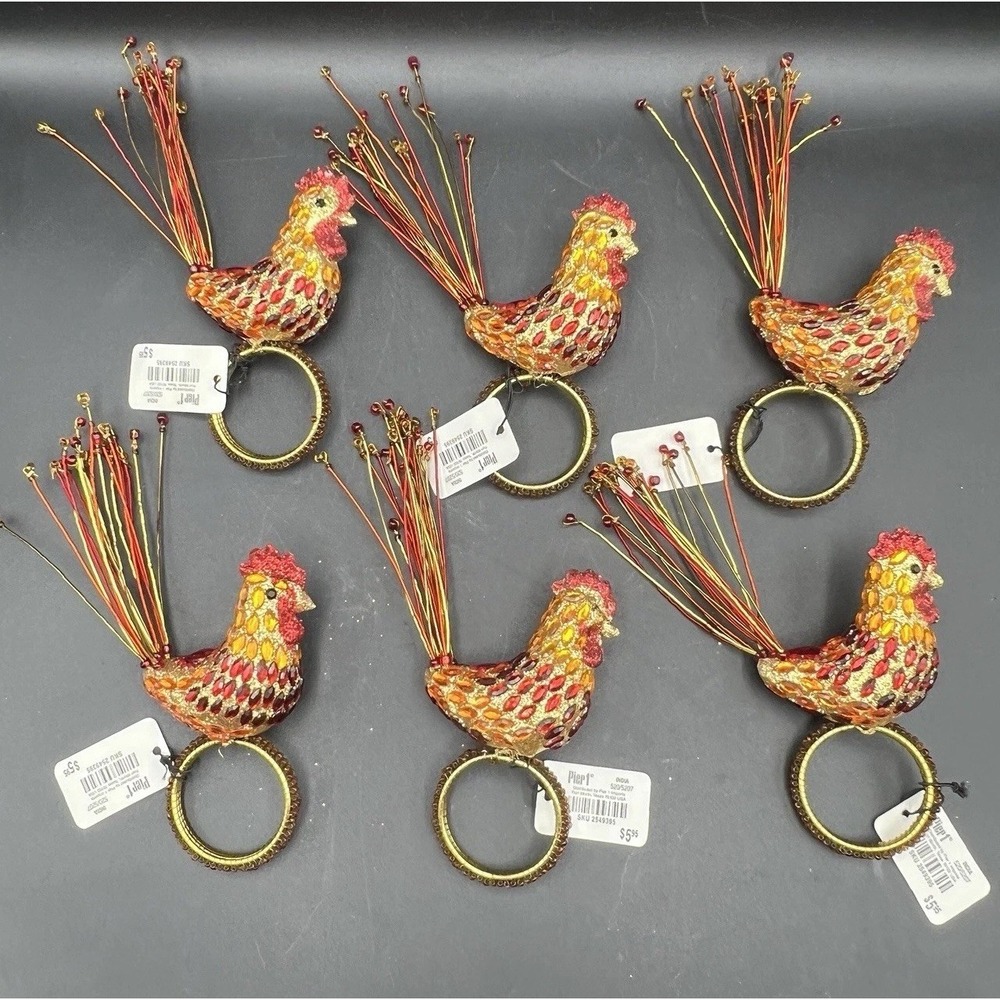 Pier 1 Kitchen Jeweled Rooster Napkin Rings 5" Long 5.5" Set of 6 NOS w Tags